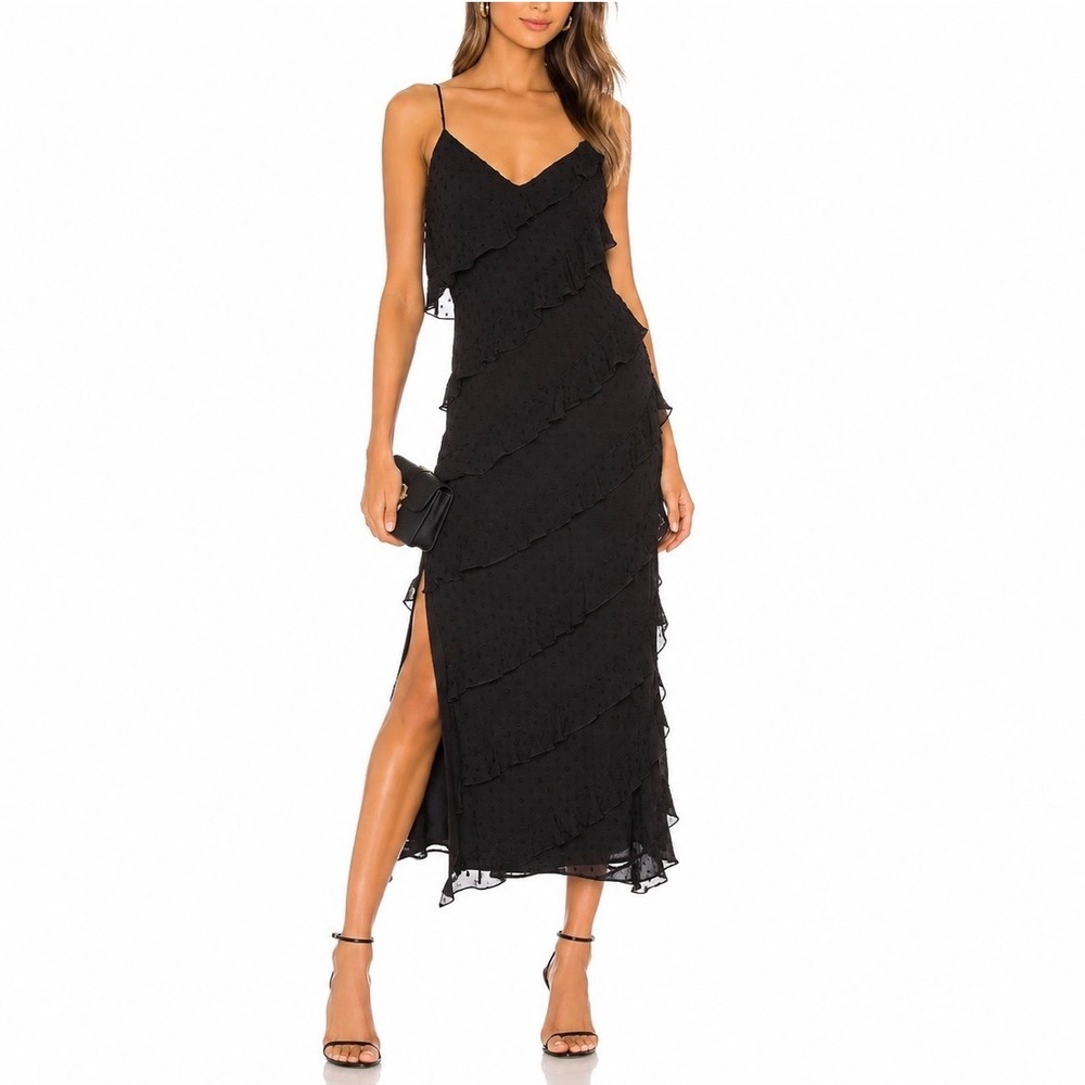 BARDOT‎ Deco Swiss Dot Tiered Midi Dress High Slit